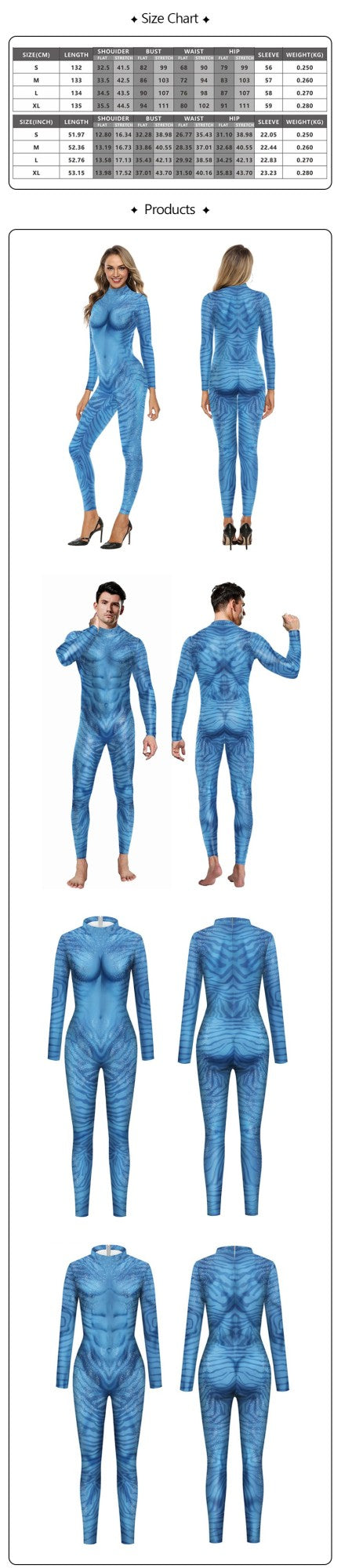 Movie Avatar Cosplay Costume Themed 3D Digital Print Jumpsuit for Men and Women 3D Digital Print Jumpsuit Halloween Zentai