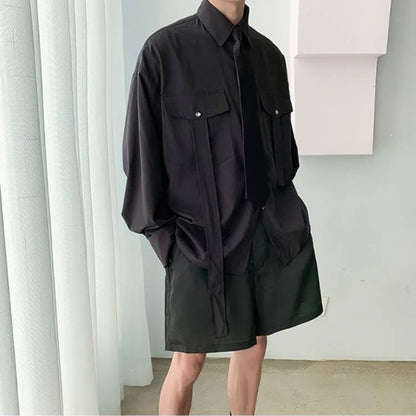 Gmiixder Cargo Long-sleeve Shirt with Tie Men's Oversize Kpop Shirt Korean Streetwear Versatile Motorcycle Pocket Streamers Coat