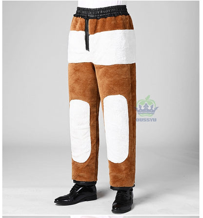 OUSSYU Brand High Quality Winter Outdoors Fleece Warm Pants Men Zippered Pocket Business Straight Flocking PU Trousers Plus Size