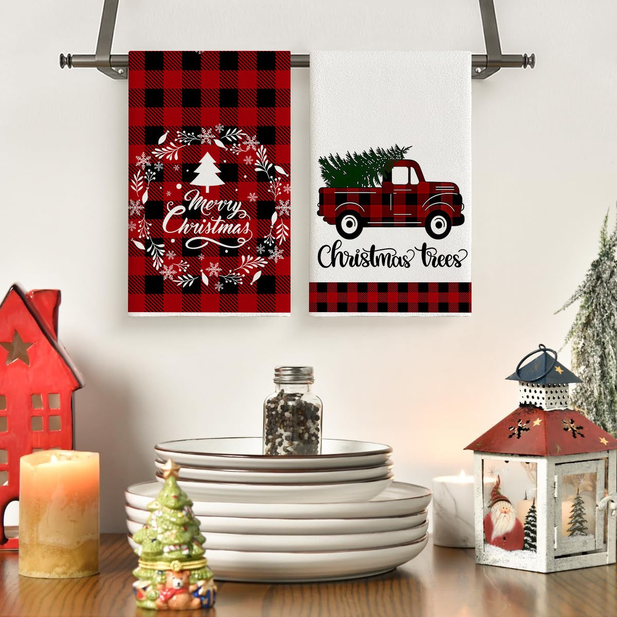 4/6pcs Christmas Kitchen Towel Set, Buffalo Checkered Dishcloths, Soft and Comfortable Winter Truck Farmhouse Tea Towels Joe,