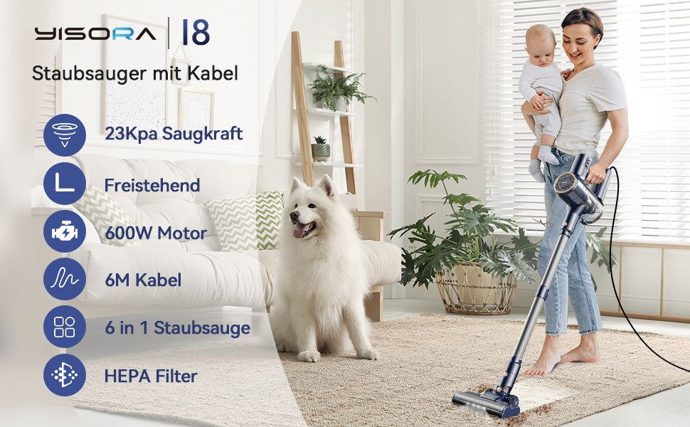 Aspirador de Pó Vertical com Fio I8, 23000Pa, Fio de 6M, para Chão, Tapete, Pelos de Animais de Estimação