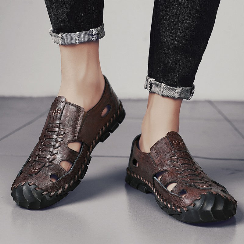 2025 New Men's Handmade Leather Sandals Flat Sandals Fashion Men's Suitable for Beach Vacation Summer Brown Non-slip Sandals