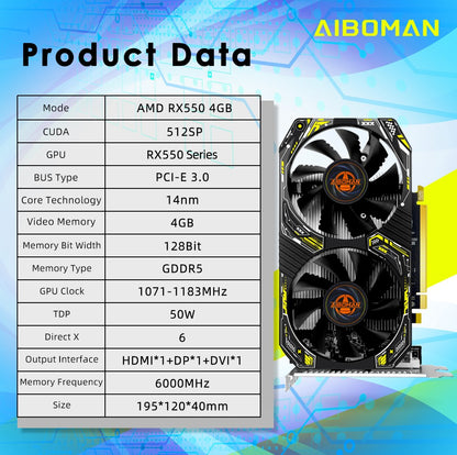 Placa de vídeo AIBOMAN Gamer Preta e Amarela AMD RX550 4GB GDDR5 128Bit com Fan Duplo Acessórios de Montagem para Computador Jogos de Escritório Elétricos