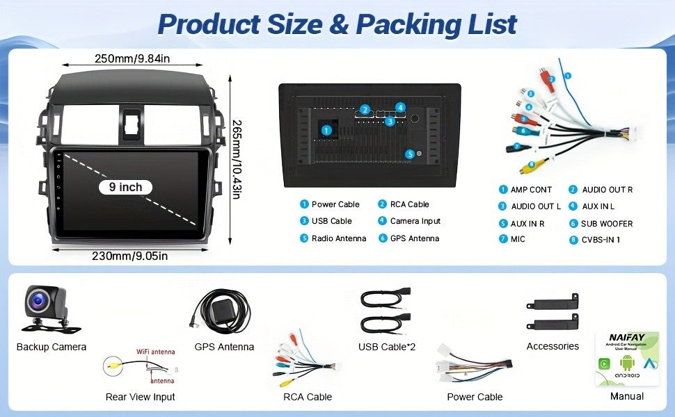 Rádio automotivo sem fio de 9 polegadas para Toyota Corolla 2009 2010 2011 2012 2013, compatível com CarPlay Android Auto, tela de toque 2+32G