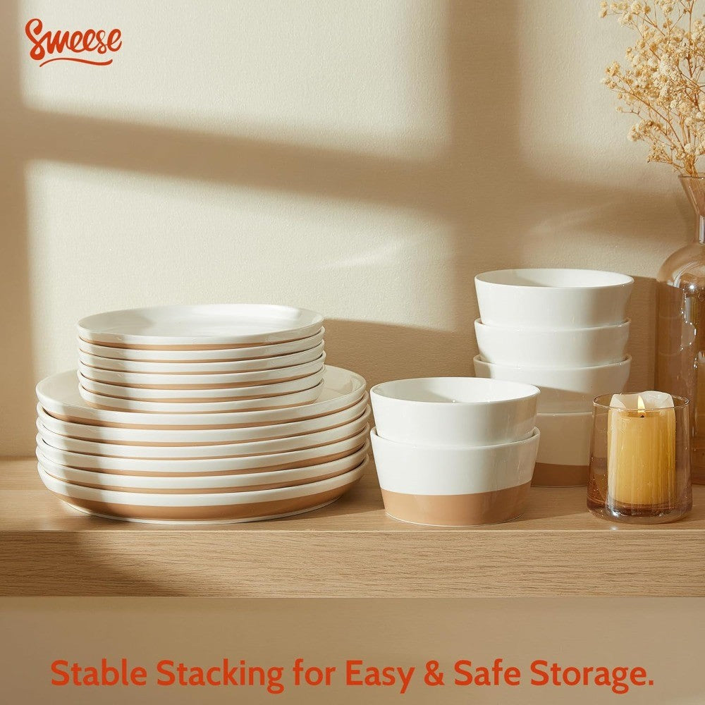 Sweese 18 Pieces Porcelain Dinnerware Set, Modern Dish Set for 6, Hand Painted Kitchen Plates and Bowls Sets, Scratch Resistant