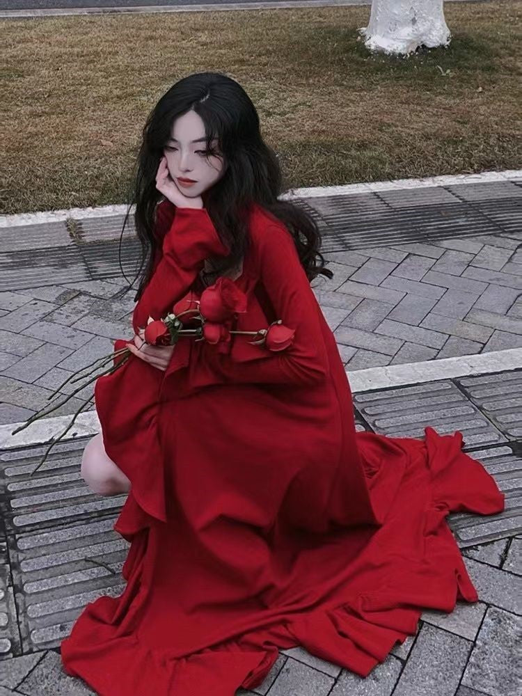 2025 Spring Women Elegant Long Slevee Midi Dress Female Red Square Collar Ruffle Party Dress Christmas Irregular Prom Dress