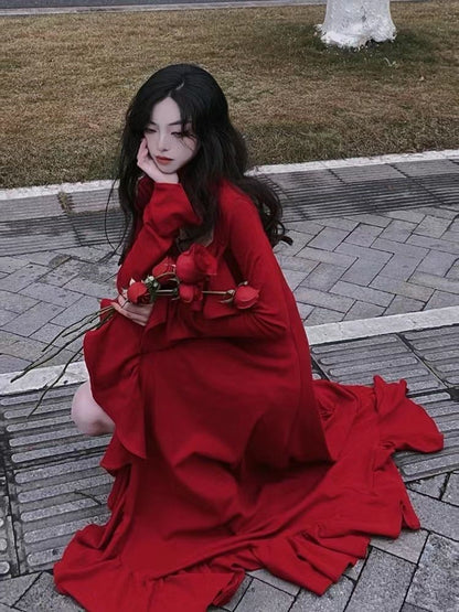 2025 Spring Women Elegant Long Slevee Midi Dress Female Red Square Collar Ruffle Party Dress Christmas Irregular Prom Dress