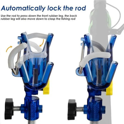 Suporte de vara de pesca de aço inoxidável de 2 peças, travamento de toque único ajustável em 360°, ponta de nylon reforçada e travamento automático de haste de perfuração cônica