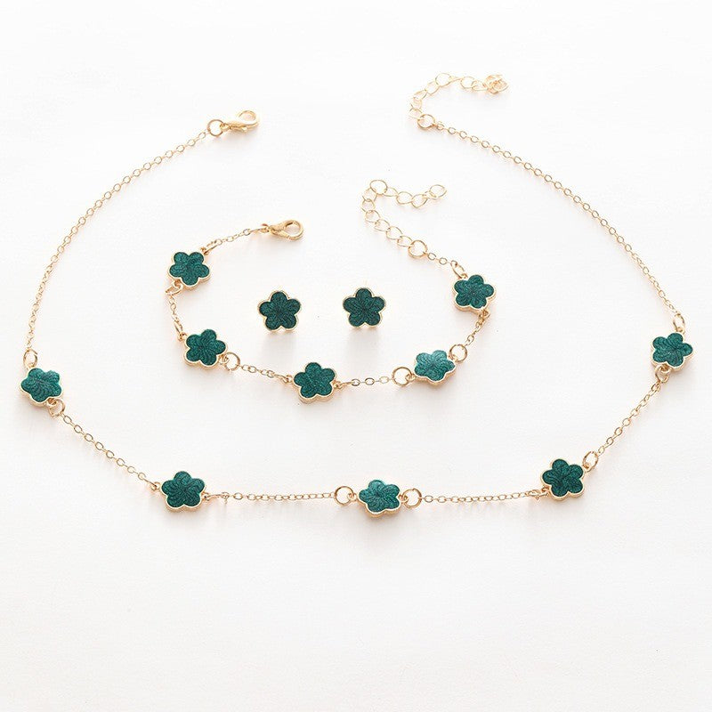 3pçs/conjunto Colar, Pulseira e Brincos de Flor de Cinco Pétalas da Sorte para Mulheres Elegante Trevo Moda Festa Joias Presentes Acessórios