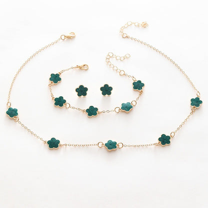 3pçs/conjunto Colar, Pulseira e Brincos de Flor de Cinco Pétalas da Sorte para Mulheres Elegante Trevo Moda Festa Joias Presentes Acessórios