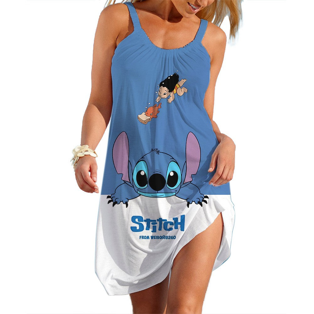 New Summer Girls Disney Stitch Women Fashion Sling Dress Women Sexy Loose Seasid