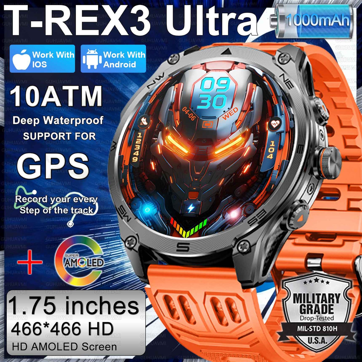 Novo Smartwatch Militar 2026 Bateria de 1000mAh Rastreamento GPS Bússola 10ATM À Prova D'água Tática Esportivo Lanterna Chamada HD Smartwatch Masculino