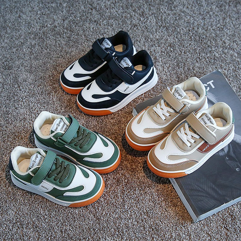 Children's Spring New Leather Upper Sneakers Middle Large Children's Casual Shoes Boys and Girls Soft Sole Students Tennis Shoes