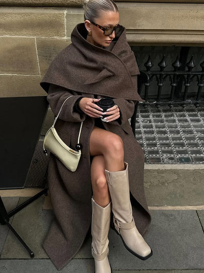 Women Elegant Shoulder Pad Wool Blend Overcoat Brown Lapel Single-breasted Long Sleeve Coat 2025 Autumn Lady Commuter Outerwear