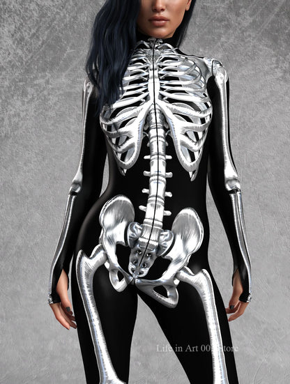 Women Grey Candy Skeleton Bodysuit Halloween Cosplay Costume Carnival Steampunk Artistic Sexy Slim Jumpsuit Performance Zentai