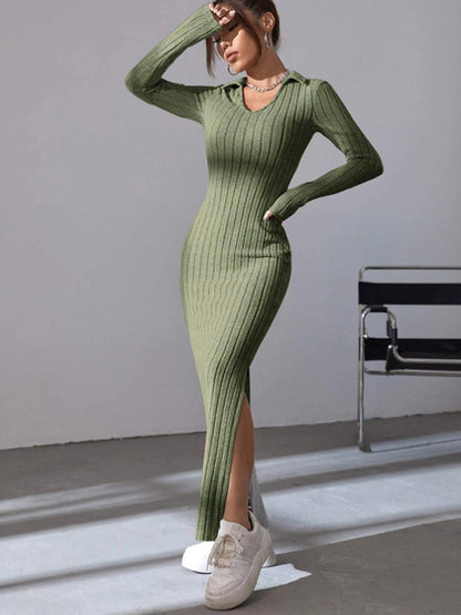 Spring and summer 2024 new style knitted slim lapel long sleeve dress pit strip solid color tight skirt