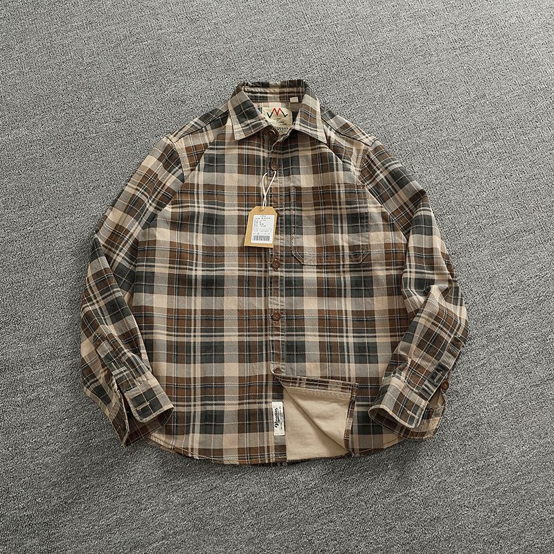 2024 Spring and Autumn New American Retro Woven Plaid Cargo Shirt Men's Simple 100% Cotton Washed Single Pocket Thin Jacket