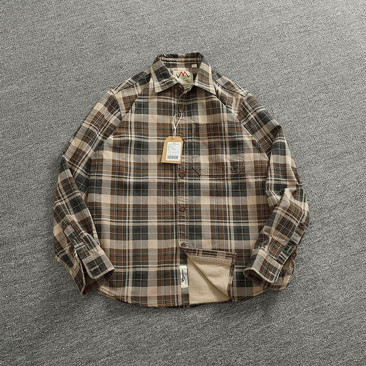 2024 Spring and Autumn New American Retro Woven Plaid Cargo Shirt Men's Simple 100% Cotton Washed Single Pocket Thin Jacket