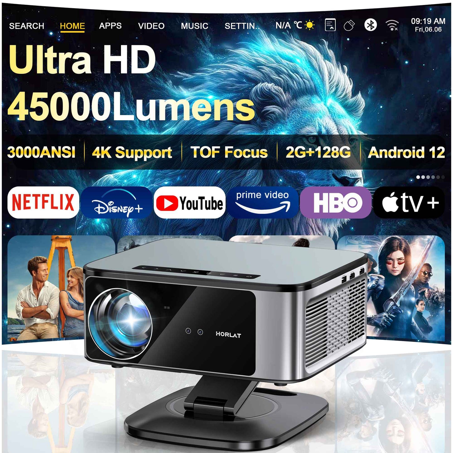 Projetor 4K UHD 2025 HORLAT 45000 Lumens Laser TOF Foco Android 12 WiFi 6 1080P Full HD para Cinema em Casa diurno