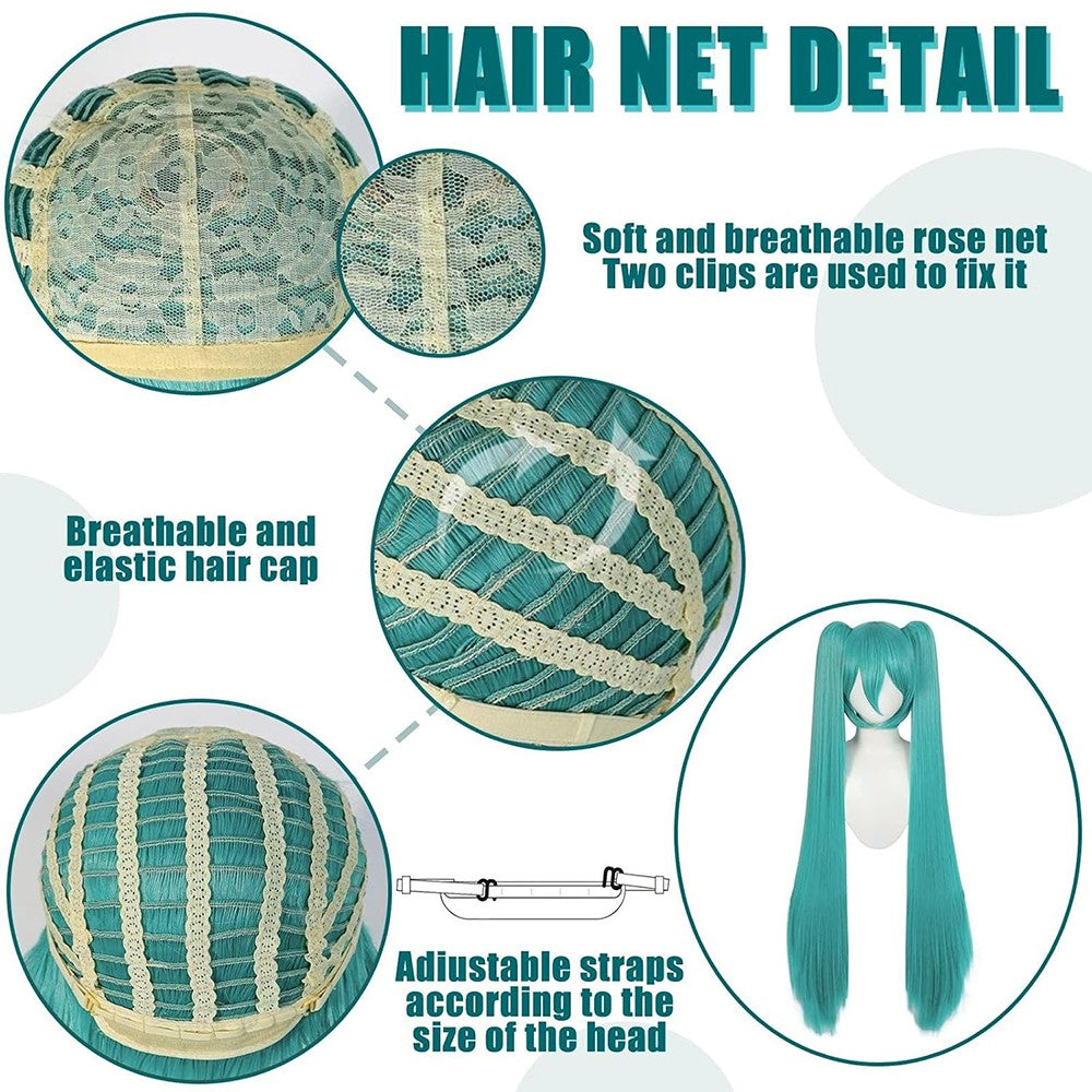 Peruca de Cabelo Sintético de Cosplay de Anime Miku de Alta Qualidade 116 cm de Comprimento com Rabo de Cavalo Duplo Destacável para Festa de Halloween e Carnaval Resistente ao Calor