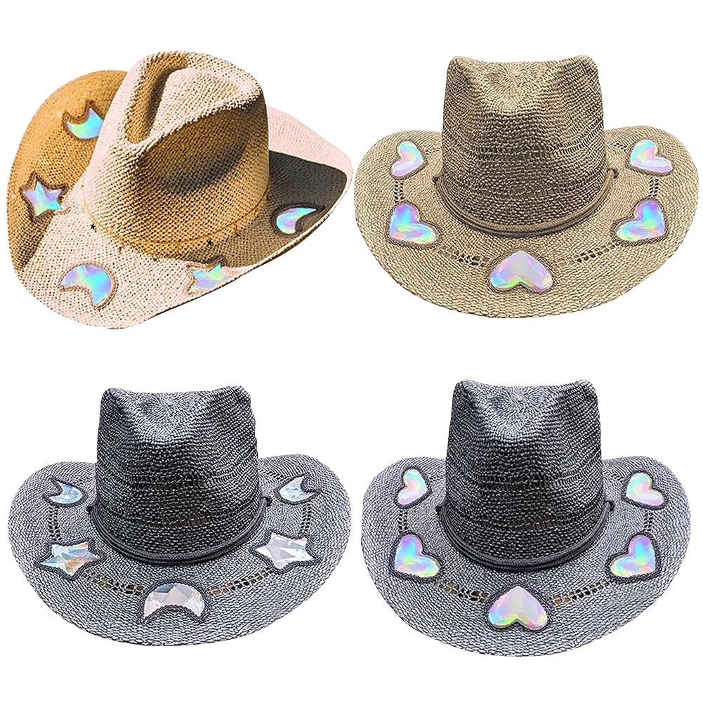 Suncatcher Cowgirl Chapéu de Palha com Prisma Chapéu de Cowboy Tecido à Mão Feminino Boné de Palha Aba Larga Chapéu de Sol Feminino da Moda para Praia de Verão