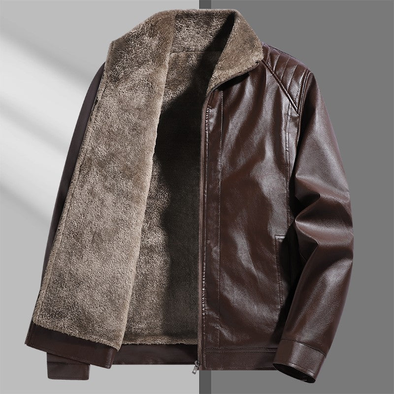 High-quality lapel and fleece leather jacket for men, fleece and thickened leather jacket for men, all-in-one fur dad coat