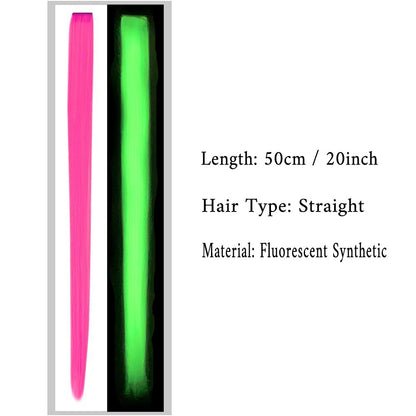 Extensões de Cabelo que Brilham no Escuro de 20 Polegadas com Presilha, Apliques Luminosos Coloridos para Festa, Presilhas de Cabelo Arco-Íris, Peruca Sintética Lisa
