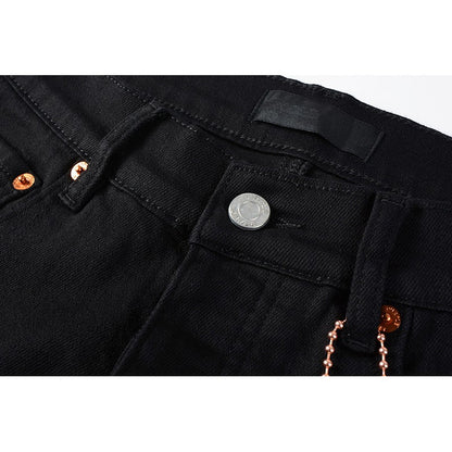 The Best Seller American High Street Men's Distressed Blank Black Stretch Skinny Button Fly Ripped Jeans Pants
