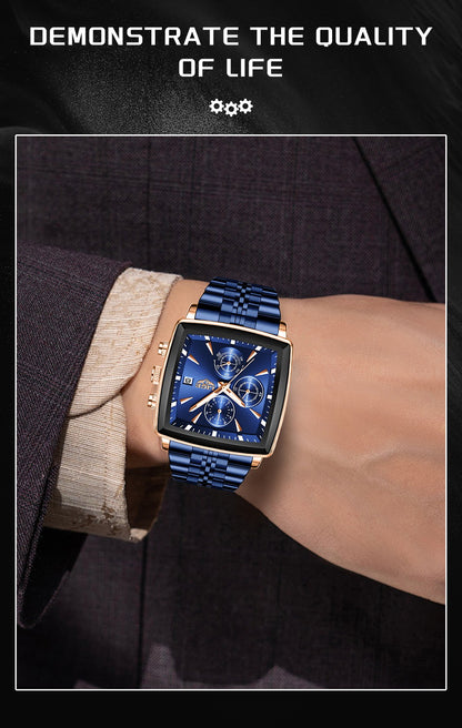 LIGE Top Brand Luxury Mens Watches Fashion Military Square Chronograph Quartz Wristwatches For Men Sports Waterproof Watch Men