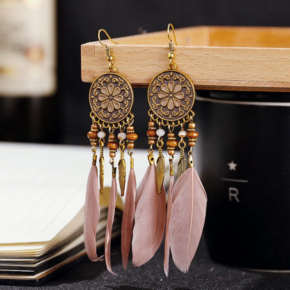 Brincos femininos longos de pena estilo boho, praia, com borla longa, miçangas, flores artesanais esmaltadas, para noiva, casamento, Pendientes Mujer