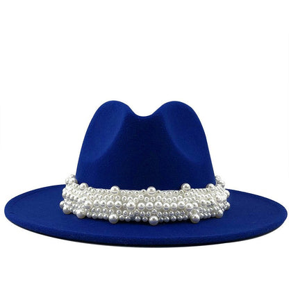 Chapéu Fedora De Lã Feminino Masculino Com Fita De Pérolas Cavalheiro Elegante Senhora Inverno Outono Aba Larga Igreja Panamá Sombrero Boné De Jazz 60CM