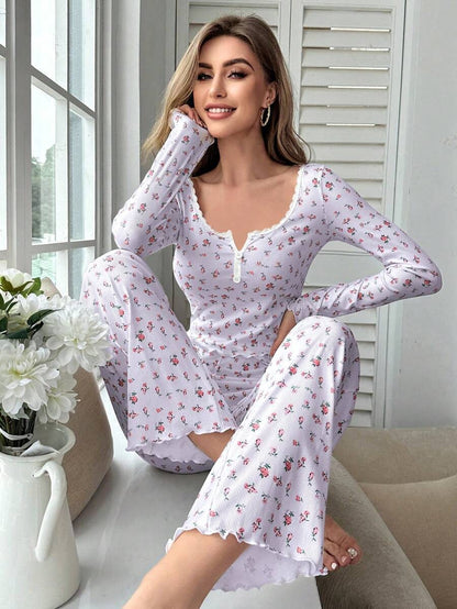 Autumn Winter Pajamas Set Women Sleepwear Floral Print Lettuce Trim Top with Long Pant Lovely Loungewear Full Sleeve Nightwear