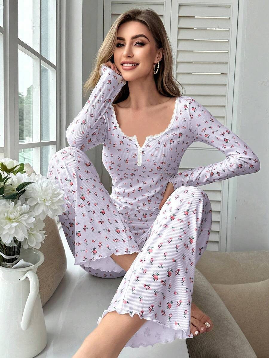 Autumn Winter Pajamas Set Women Sleepwear Floral Print Lettuce Trim Top with Long Pant Lovely Loungewear Full Sleeve Nightwear