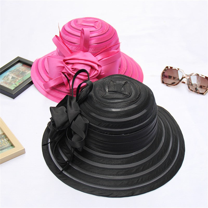 Chapéus de Sol de Organza Femininos Elegantes Chapéu Bucket para Mulheres Chapéu de Festa de Casamento na Igreja Chapéu Fedora Floral Grande de Aba Larga da Moda de Verão