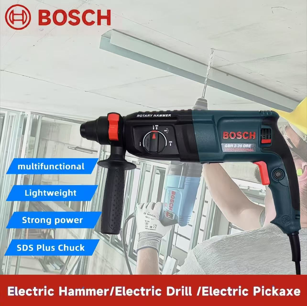 Furadeira de Impacto Rotativa Bosch GBH 1100W SDS-Plus para Concreto Tijolo Pedra Serviço Pesado Profissional Elétrica 3 Brocas