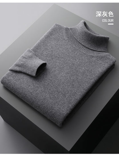 100%Merino Wool Lapel Sweater Men's Turtleneck Loose Knit Pullovers Youth Business Casual Joker Tops Warm Solid Color Base Shirt