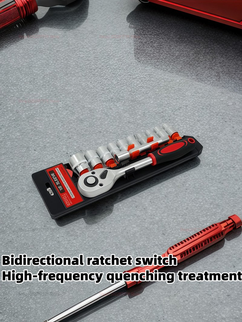 Conjunto de 12 peças de chaves de soquete e catraca, tamanhos 1/4, 3/8, 1/2, kit de ferramentas com haste de extensão e 10 conjuntos de reparos comuns
