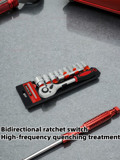 Conjunto de 12 peças de chaves de soquete e catraca, tamanhos 1/4, 3/8, 1/2, kit de ferramentas com haste de extensão e 10 conjuntos de reparos comuns