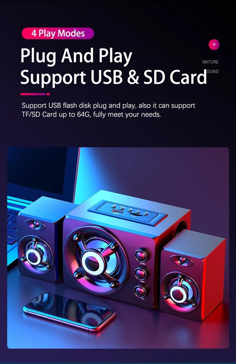 HIFI 3D Stereo Speakers Colorful LED Heavy Light AUX USB Wired Wireless Bluetooth Audio Home Theater Surround Sound Bar TV