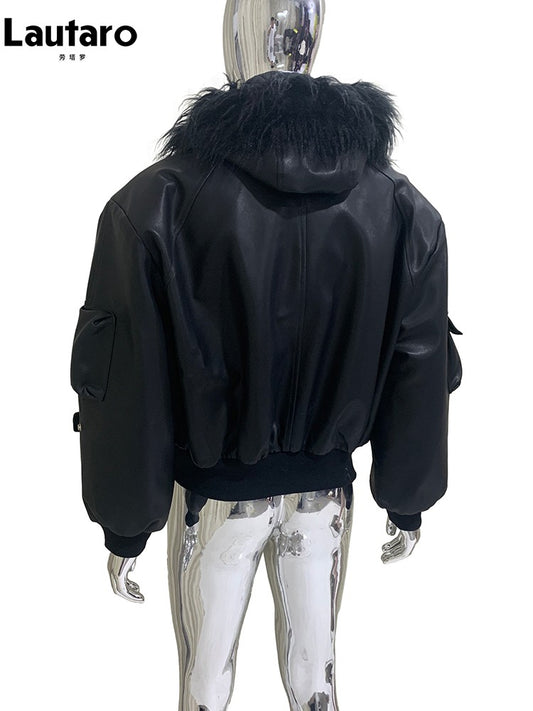 Mauroicardi Autumn Winter Short Oversized Black Warm Pu Leather Jacket Men with Faux Fur Trim Hood Loose Casual Korean Fashion