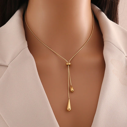 Colar Feminino com Pingente de Gota D'água com Borla em Aço Inoxidável Banhado a Ouro, Estilo Europeu e Americano, Corrente na Clavícula, Joia para Festa