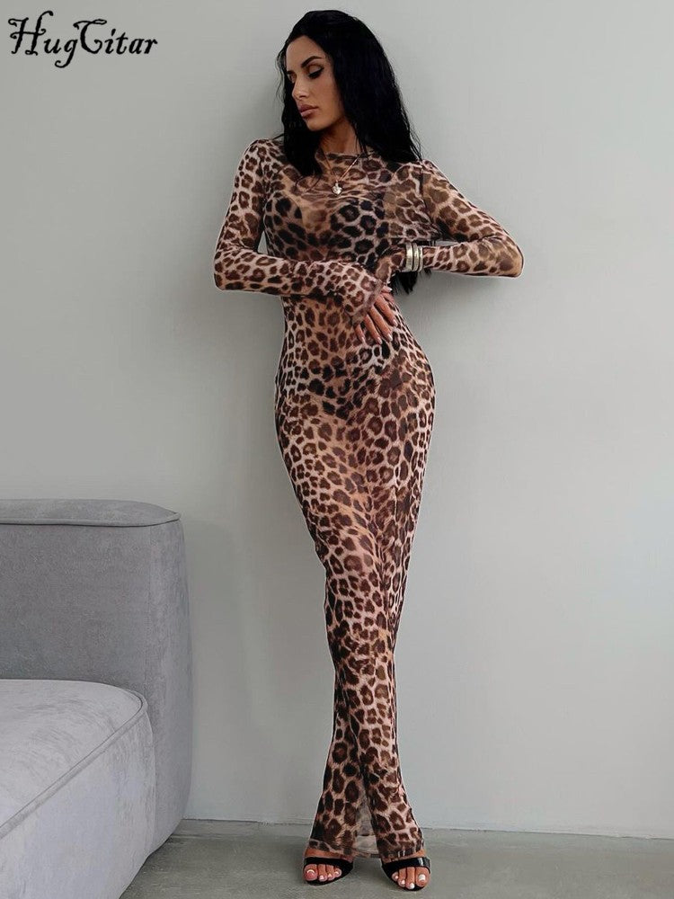 Hugcitar Leopard Print Mesh Long Sleeve Sexy Slim  See Through Maxi Dress Fall W