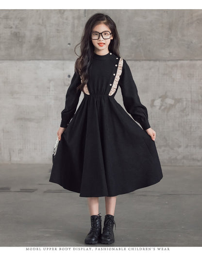 Girls' Dress New Style For  Children Stand Collar Waist-Cinching Slimming Mid-Length Dress Long Sleeve For Kids 5-12Y