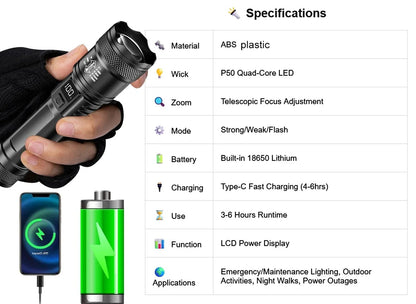 Rechargeable LED Flashlights Zoomable Torch with 18650 Battery 7Modes Waterproof High Power Hand LightFor Outdoor Camping Hiking