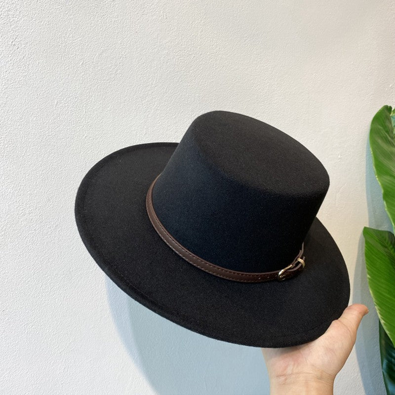 Chapéu Fedora de Lã Feminino com Fivela Decorada Aba Reta Feltro Retrô Jazz Boné Inverno Outono Quente Estilo Britânico Boater