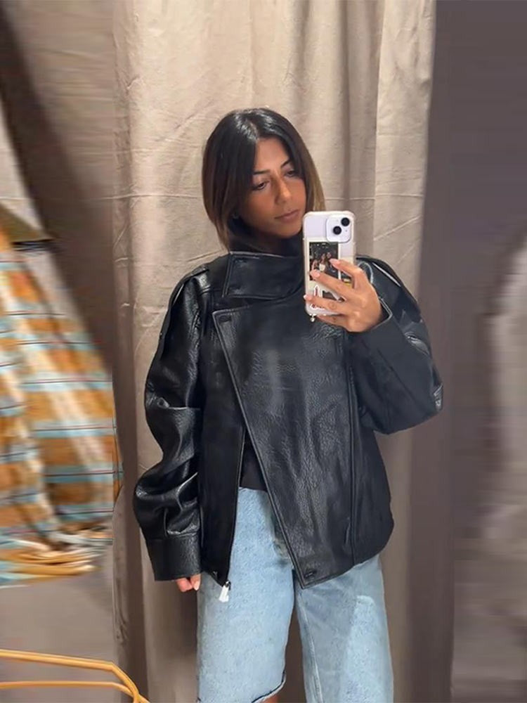 Faux Leather Stand Collar Bomber Jacket Women Locomotive Epaulet Slant Opening Ruched Coats Fashion Autumn Winter Lady Outerwear