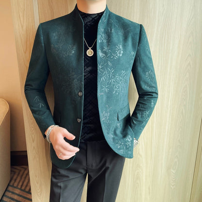 Men's New Chinese Stand Collar Blazer Jacket 2025 Fashion Elegant Printed Slim Fit Business Suits Jacket Tailcoat Men Clothing