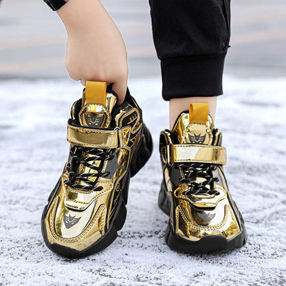 Winter Children's Fashion Sports Shoes Leather Boys' Running Sneakers Flat Casual Walking Shoes Warm Lightweight Outdoor Boots