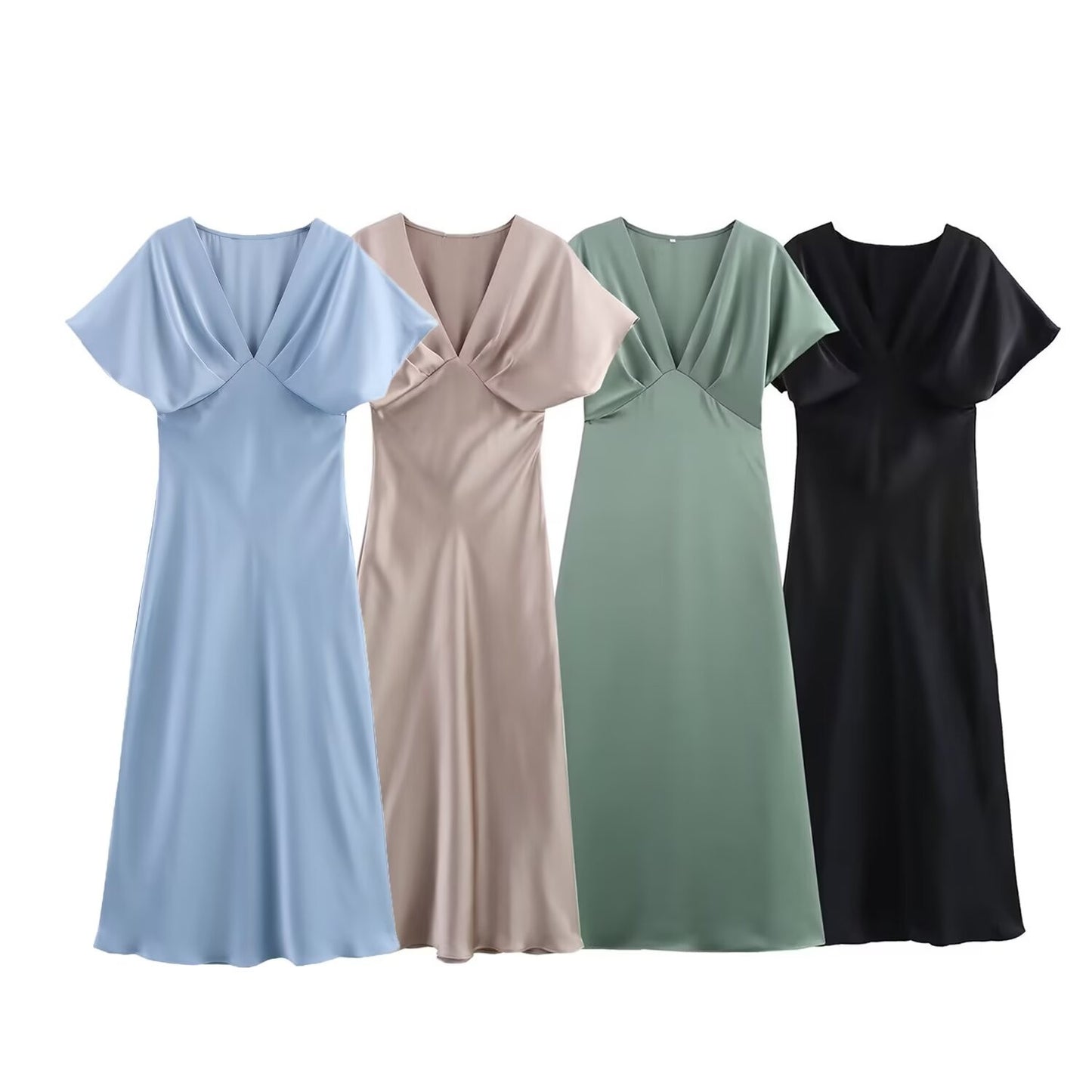 TRAFZA Women Elegant Solid Satin Dress Sexy V Neck Short Sleeve Midi Dress 2025
