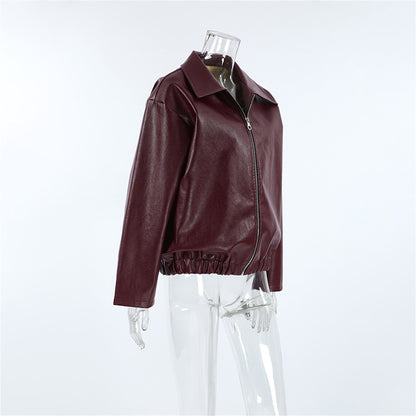 Jaqueta Feminina de Couro Sintético Vermelho Vinho Vintage, Casaco Moderno com Zíper e Lapela, Casacos de Outono Inverno, Blusas Curtas Femininas Estilo Streetwear